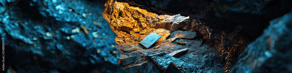 Aufkleber rectangular metallic object amidst fragmented rocks