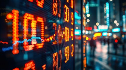 Night city stock ticker, financial data, urban background, business news
