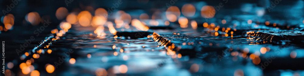 Poster submerged objects in teal water with orange bokeh