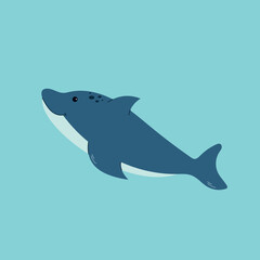 Cute cartoon dolphin swimming in a blue ocean. Simple and minimalist vector illustration, perfect for kids, marine life designs, and ocean-themed creative projects.