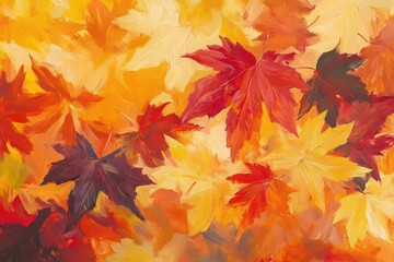 vibrant maple leaves in rich autumn colors dancing in golden sunlight, featuring deep crimsons, burnt oranges, and warm yellows