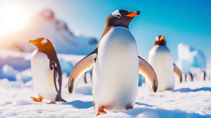 Fototapeta premium A group of curious penguins waddles across the icy terrain of Antarctica as they gaze toward the camera with a playful demeanor under a bright blue sky
