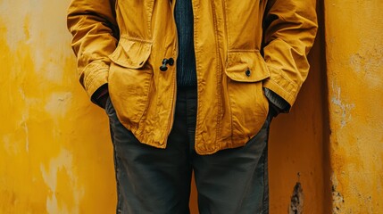 Man in artist streetwear standing in front of a bright yellow wall with copy space for text or design