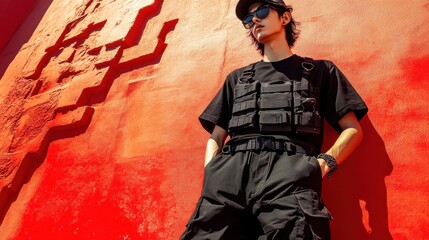 Man in black shirt and pants wearing asian streetwear in realistic photography with copy space