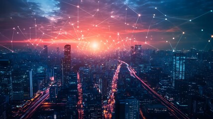 Obraz premium A cityscape with a bright orange sun in the sky. The sun is surrounded by a network of lines, which represent the internet. The city is lit up at night, creating a vibrant and bustling atmosphere