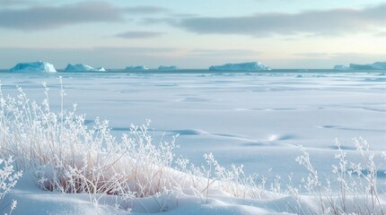 Obraz premium A serene winter landscape showcasing glacial icebergs floating in a tranquil lake, surrounded by frosted grasses and mountains under a cloudy sky, evoking a sense of cold beauty