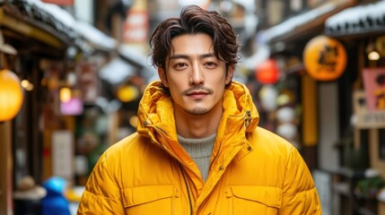 Man in yellow jacket wearing asian streetwear standing on urban street with copy space for text