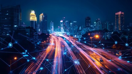 Fototapeta premium A city street with a lot of traffic and a lot of lights. The lights are connected to a network, creating a sense of connectivity and movement