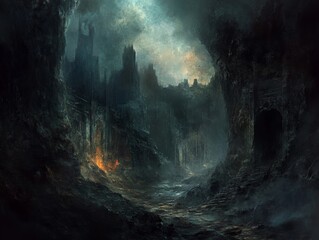 Dark fantasy cave path, ruins, stormy sky, game background