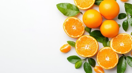 Fototapeta premium Group of Fresh Oranges with Leaves on White Background. Generative AI