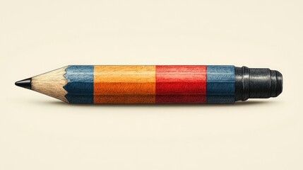 Colorful pencil lying on a neutral background, showcasing vibrant stripes and a sharp tip