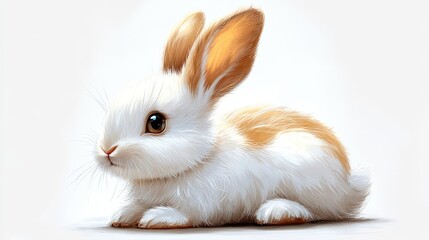 Adorable fluffy rabbit sitting peacefully on a soft surface, showcasing its bright eyes and fur