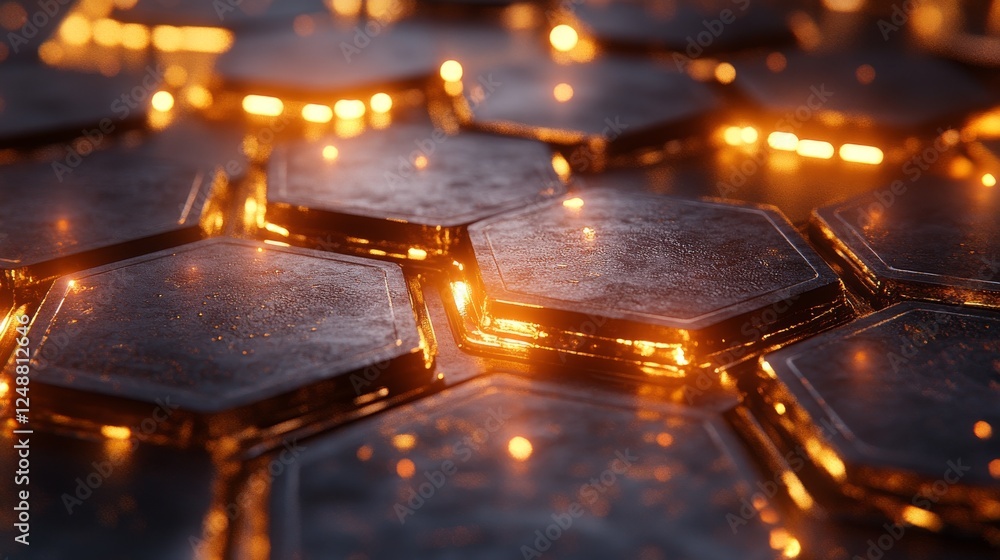 Poster hexagonal tiles with glowing orange edges create a pattern