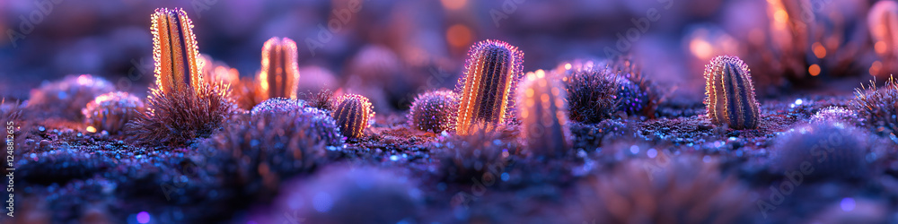 Poster digital rendering of illuminated cacti in a textured landscape
