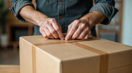 Hands sealing cardboard box. Packaging for shipment. Preparing package delivery.