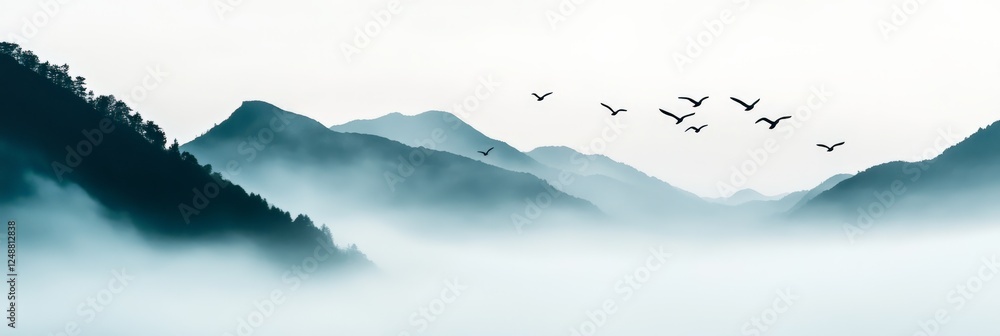 Poster low lying fog covers the slopes of a mountain range as a flock of birds soars through the tranquil s