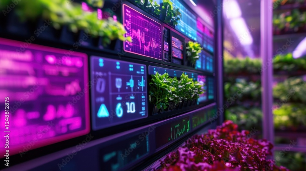 Poster advanced vertical farming system integrating digital technology for optimized plant growth. led ligh
