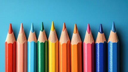 A vibrant arrangement of colored pencils in a row against a blue background, showcasing creativity
