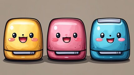 Three cheerful cartoonish mini refrigerators in vibrant colors with smiling faces on a neutral background