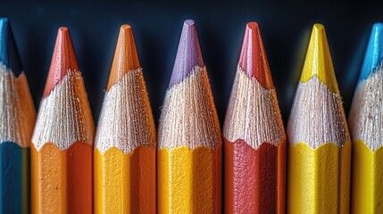 Close-up of vibrant colored pencils arranged in a row against a dark background