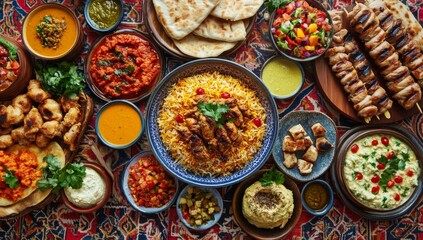 Fototapeta premium Overhead shot of Middle Eastern feast on ornate tablecloth