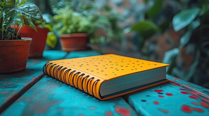 Vibrant orange notebook resting on a colorful table surrounded by lush green plants in a garden