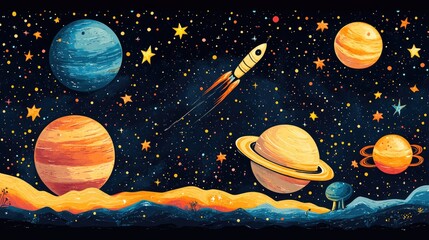 Vibrant cosmic scene featuring a rocket soaring through a starry galaxy with planets