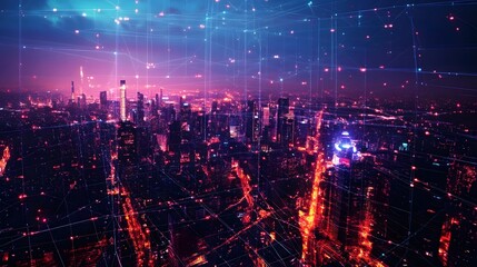 Fototapeta premium A cityscape with a lot of lights and a lot of dots. The city is lit up and the sky is dark