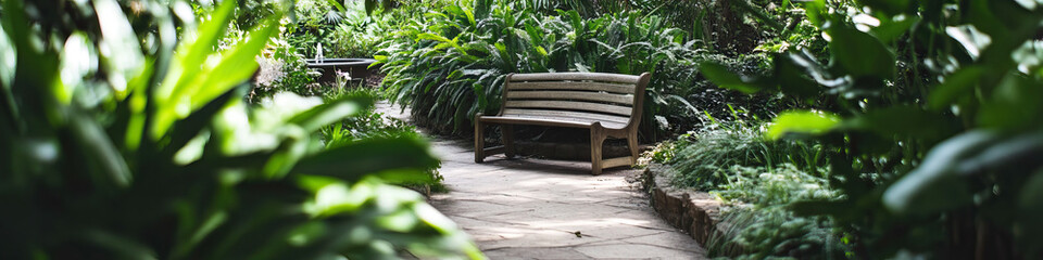 Wooden Bench on Garden Path with Fountain