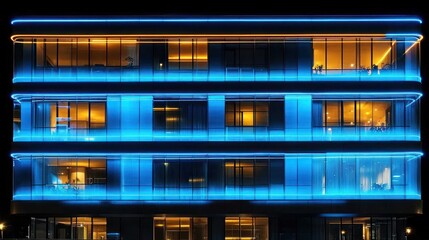 Modern building at night with blue neon lights.