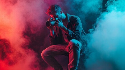 Obraz premium Dramatic portrait of a singer in colorful smoke