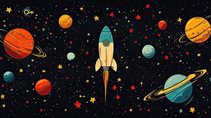 Colorful rocket soaring through space surrounded by vibrant planets and stars, depicting exploration