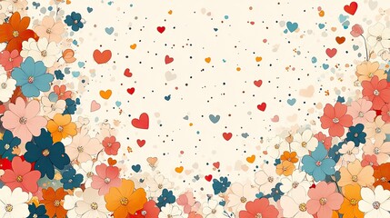 Colorful floral pattern with hearts, vibrant colors, suitable for romantic or festive themes
