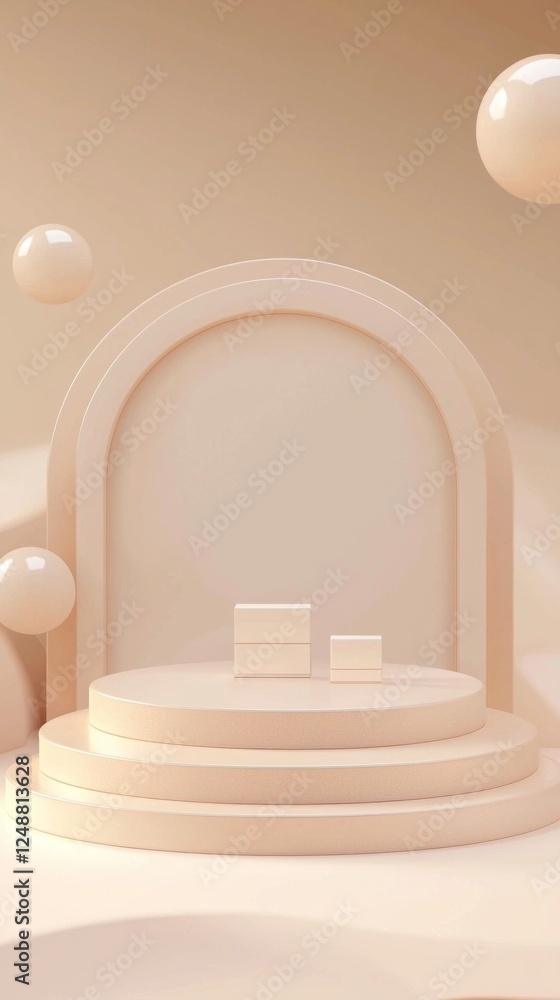 Poster the design features a sophisticated podium set against a warm beige backdrop, ideal for highlighting