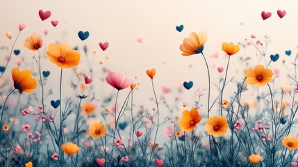 Vibrant field of colorful flowers with heart-shaped elements floating in a dreamy landscape