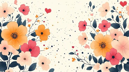 Vibrant floral arrangement featuring colorful flowers and hearts on a light background
