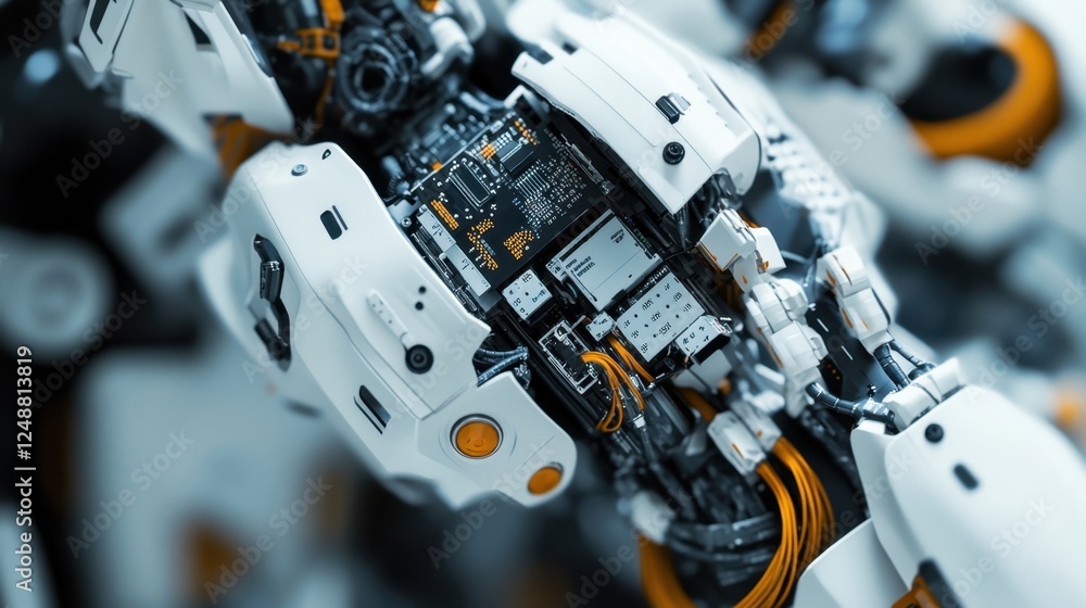 Poster close up view of intricate robotic components, highlighting detailed circuitry and wiring, emphasizi