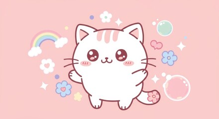 Cute Kawaii Cartoon Cat Illustration with Rainbow and Flowers on Pink Background for Children's Design and Decor