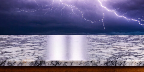 Marble Tabletop with Dramatic Lightning Storm Background