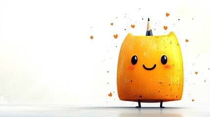 Cute cartoon character resembling a smiling orange cat with a pencil, surrounded by hearts