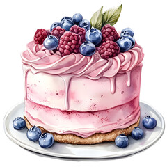 Delicate Watercolor Cake with Soft Pastel Frosting and Juicy Berries  Isolated on White Background