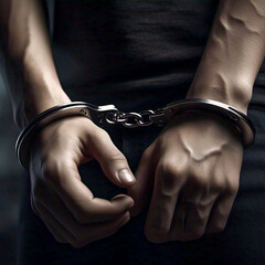 Close-up of two burly men's hands in handcuffs.Criminal illustration