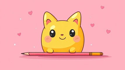 Cute cartoon cat character with a pink pencil on a pastel background with hearts