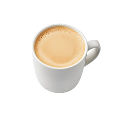 Coffee cup filled with frothy beverage, placed on white isolate background.