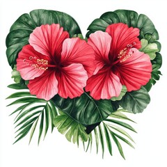 Obraz premium Romantic Heart Shaped Hibiscus Flowers with Lush Tropical Leaves Watercolor Painting