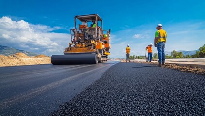 Road construction crew paving asphalt highway