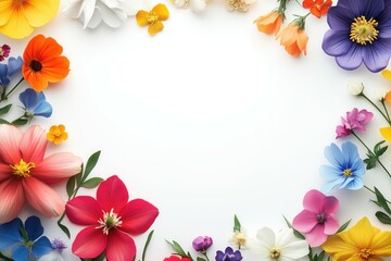A frame of vibrant flowers on a white background with ample copy space for text in the middle.