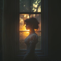Silhouette of a woman by the window during sunset, capturing a moment of reflection