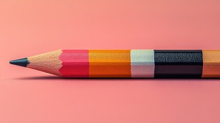 Close-up of a colorful pencil resting on a soft pink background, showcasing vibrant colors