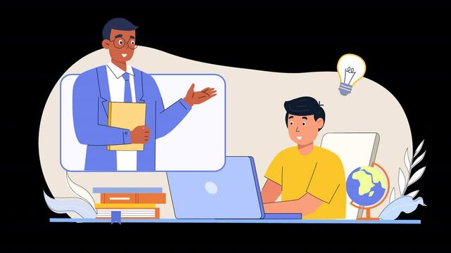 Represent the best online education experience through vector design animation. Characters participate in engaging, interactive learning modules in a sleek, scalable style.